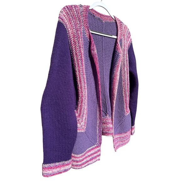 Handmade Womens XL Boho Wool Blend Knit Open Front Cardigan Sweater Purple Pink - Picture 3 of 6